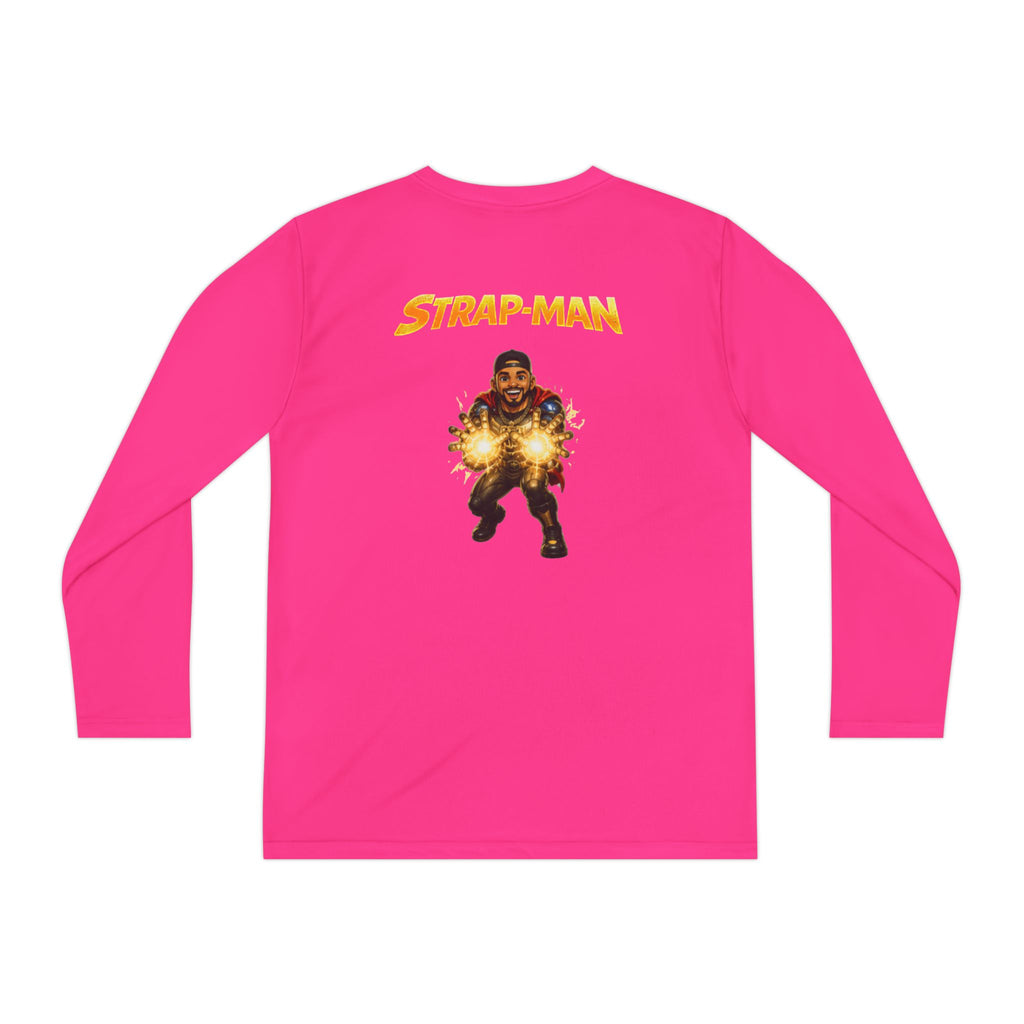 Strap-Man Youth Long Sleeve Tee — Superhero Shield Graphic