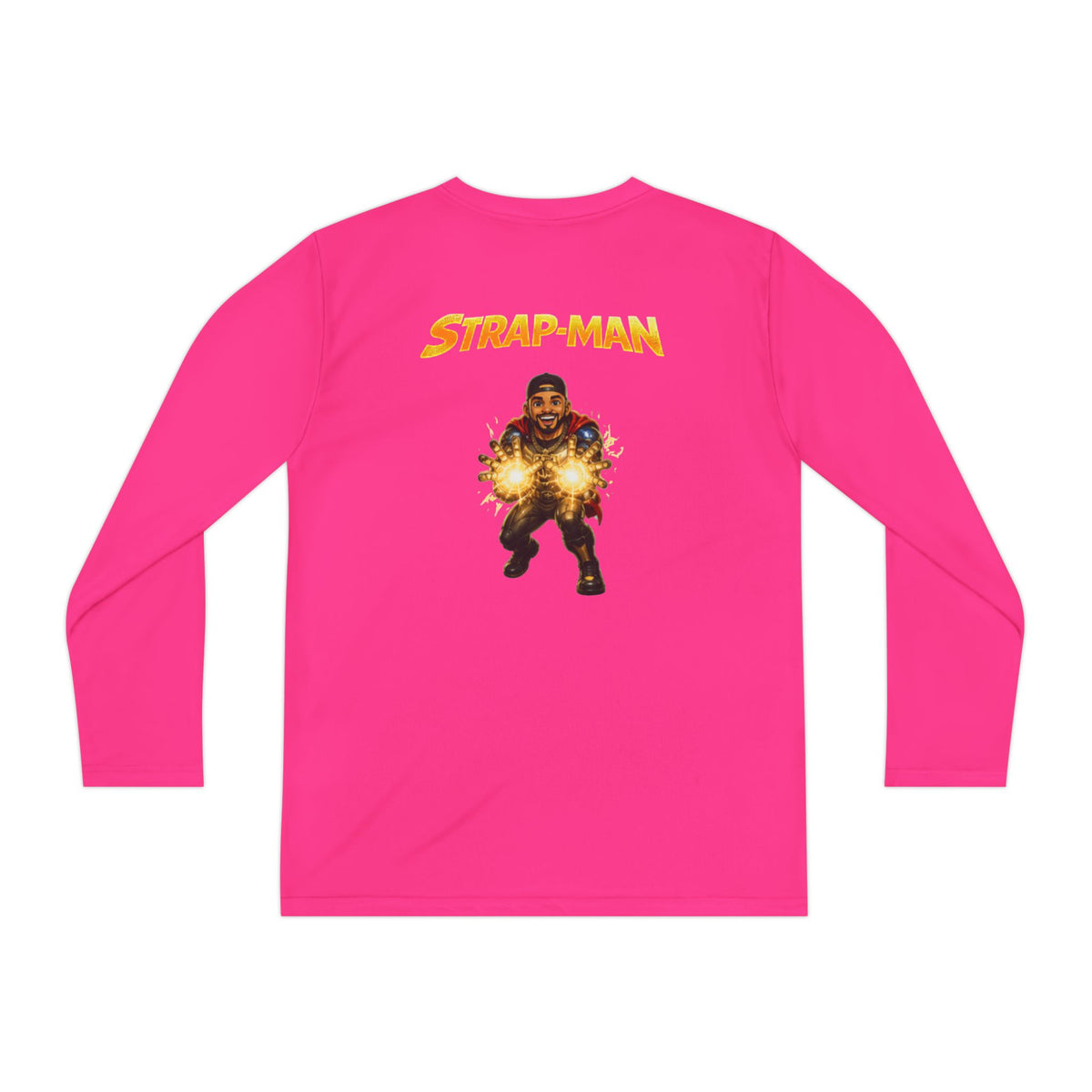 Strap-Man Youth Long Sleeve Tee — Superhero Shield Graphic