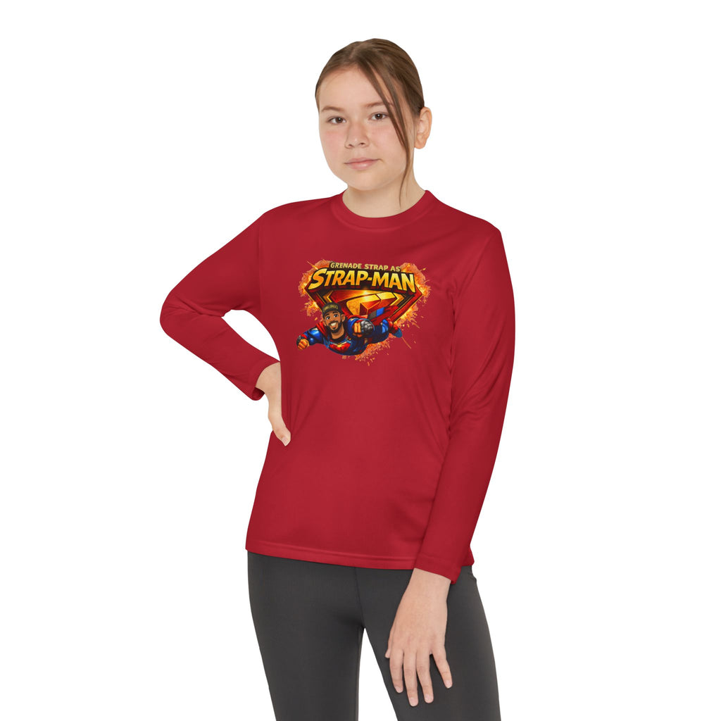 Strap-Man Youth Long Sleeve Tee — Superhero Shield Graphic