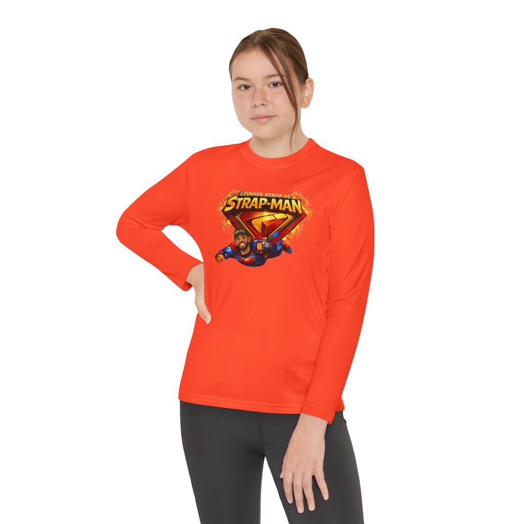 Strap-Man Youth Long Sleeve Tee — Superhero Shield Graphic