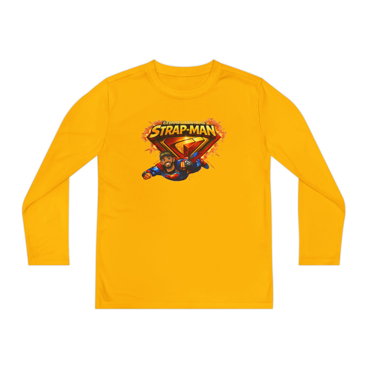 Strap-Man Youth Long Sleeve Tee — Superhero Shield Graphic