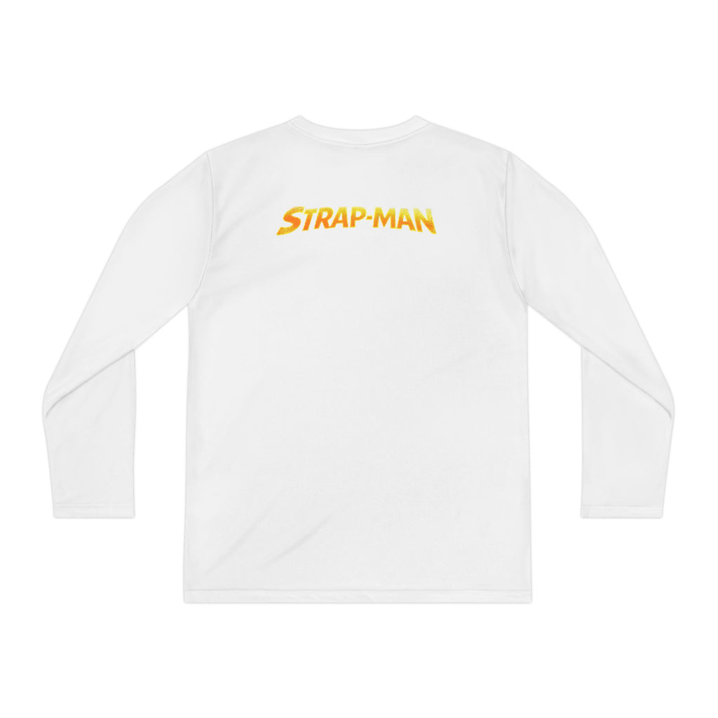 Strap-Man Youth Long Sleeve Tee — Superhero Shield Graphic