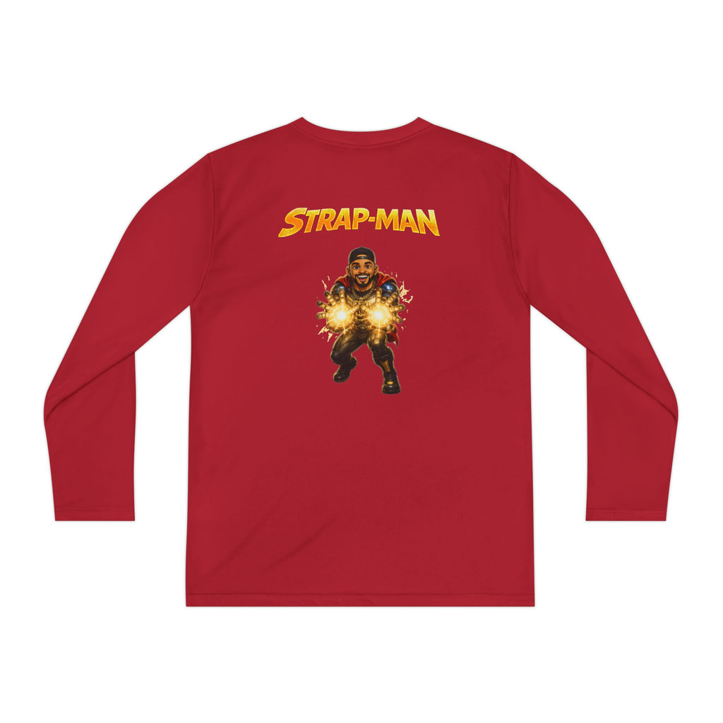 Strap-Man Youth Long Sleeve Tee — Superhero Shield Graphic
