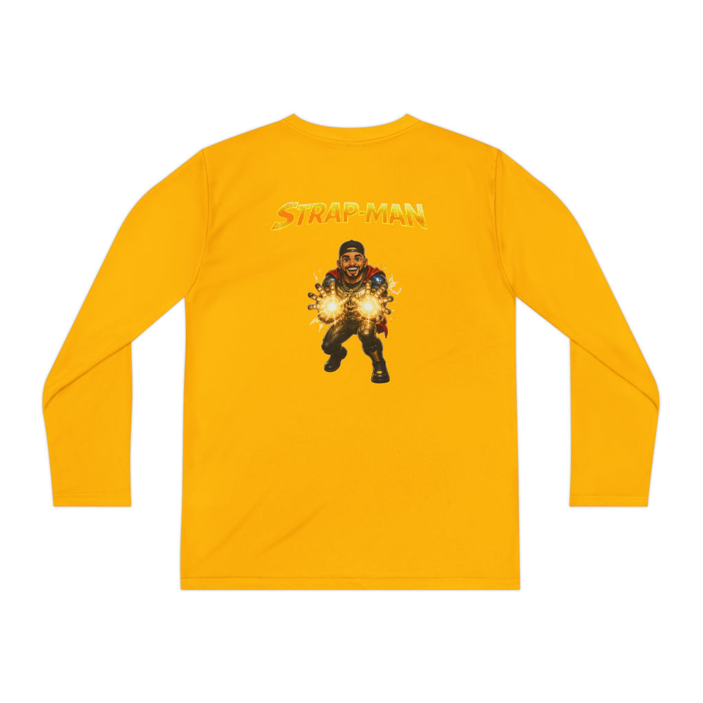 Strap-Man Youth Long Sleeve Tee — Superhero Shield Graphic