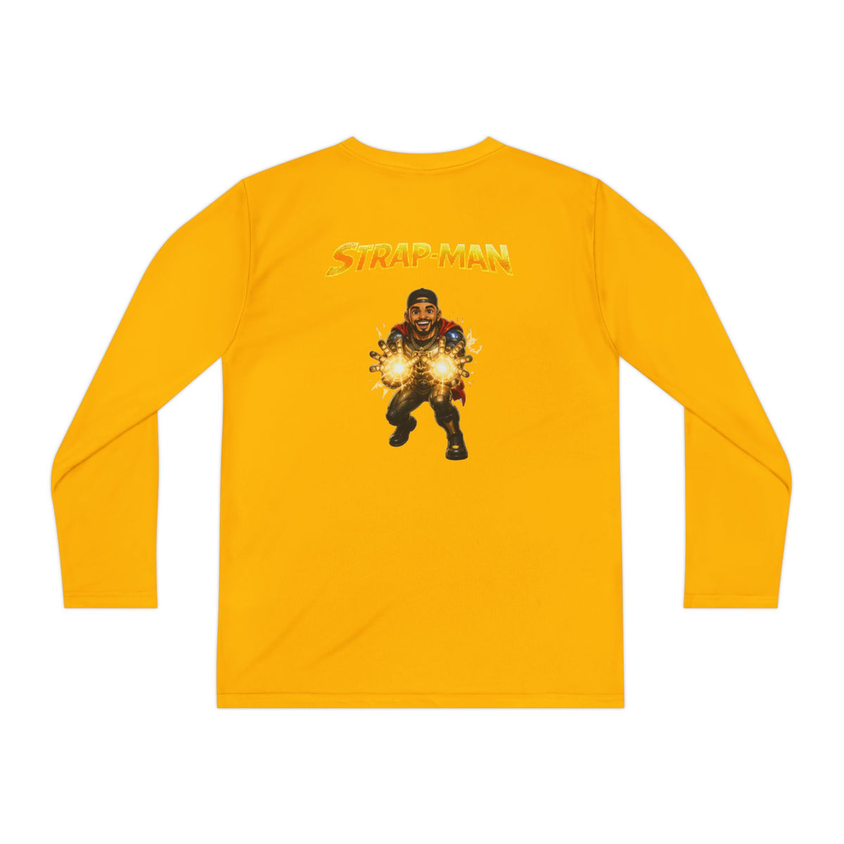 Strap-Man Youth Long Sleeve Tee — Superhero Shield Graphic