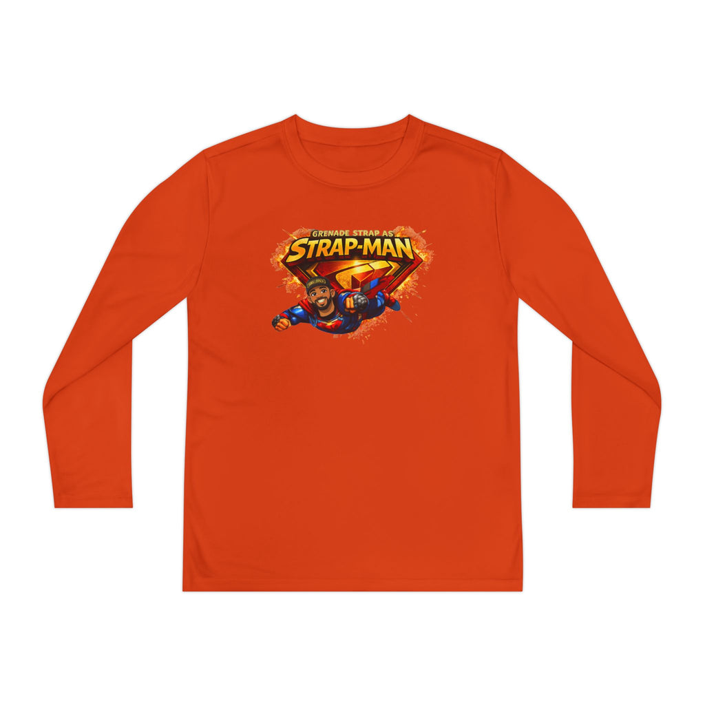 Strap-Man Youth Long Sleeve Tee — Superhero Shield Graphic