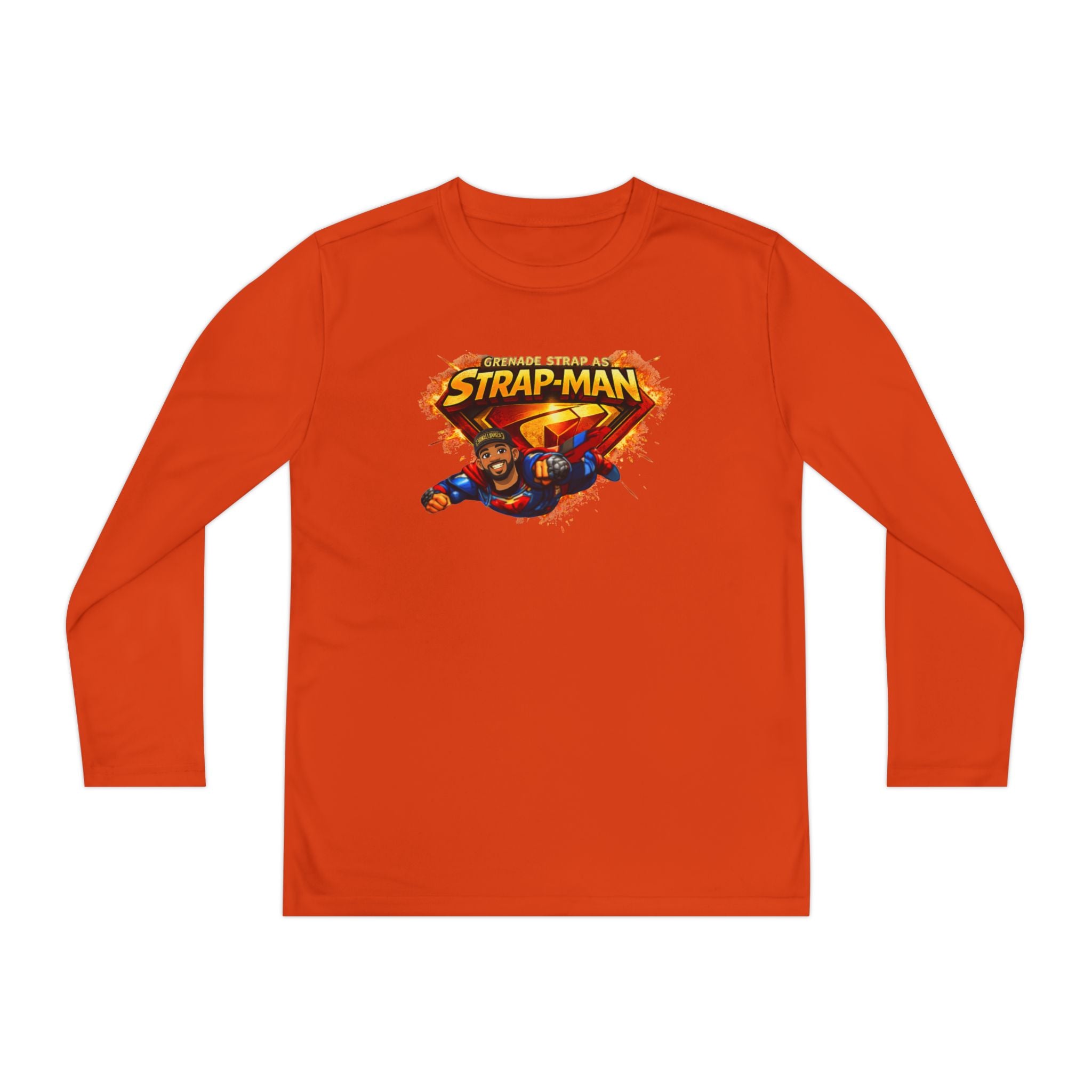 Strap-Man Youth Long Sleeve Tee — Superhero Shield Graphic