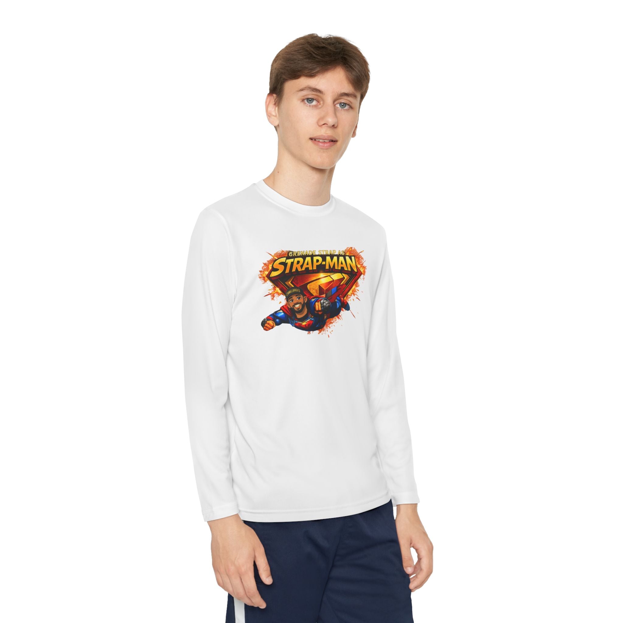 Strap-Man Youth Long Sleeve Tee — Superhero Shield Graphic