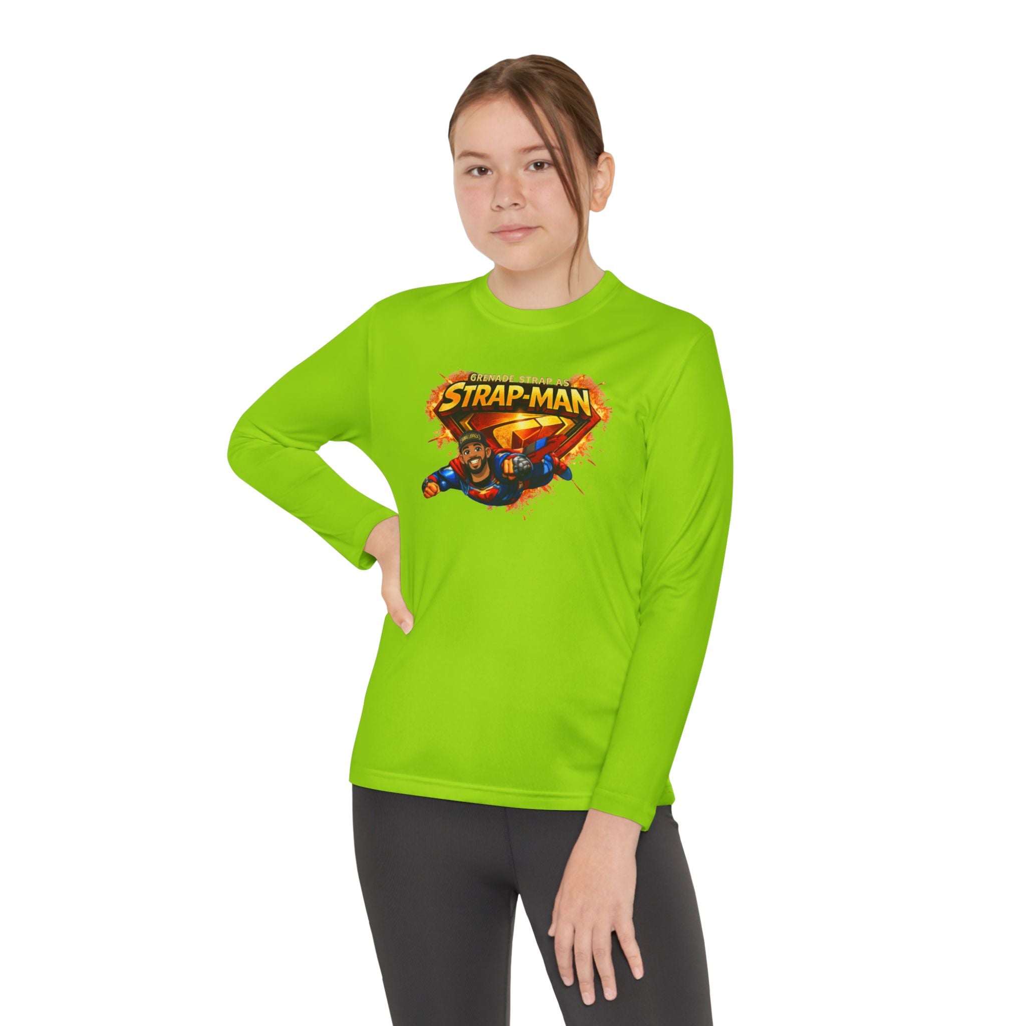 Strap-Man Youth Long Sleeve Tee — Superhero Shield Graphic