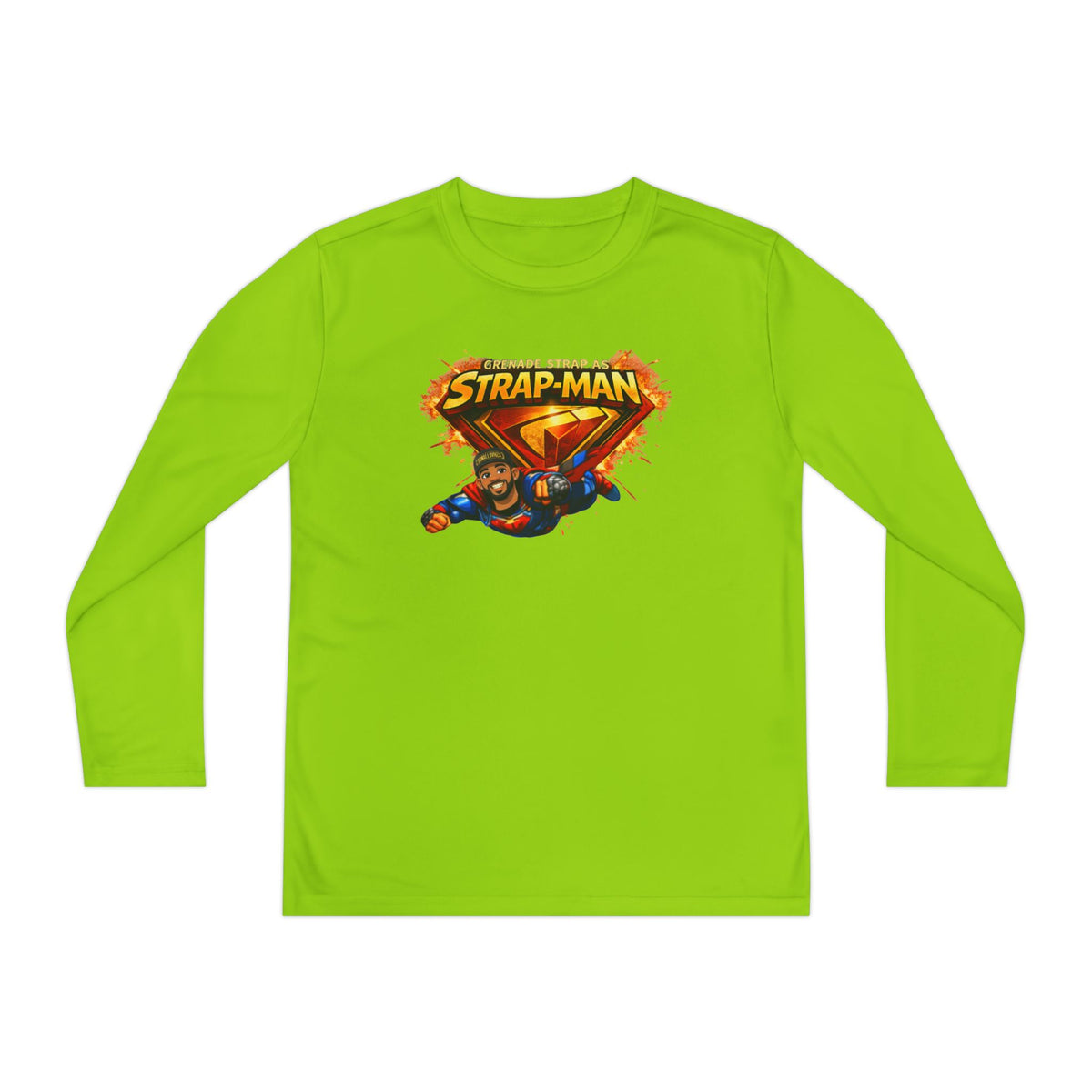Strap-Man Youth Long Sleeve Tee — Superhero Shield Graphic