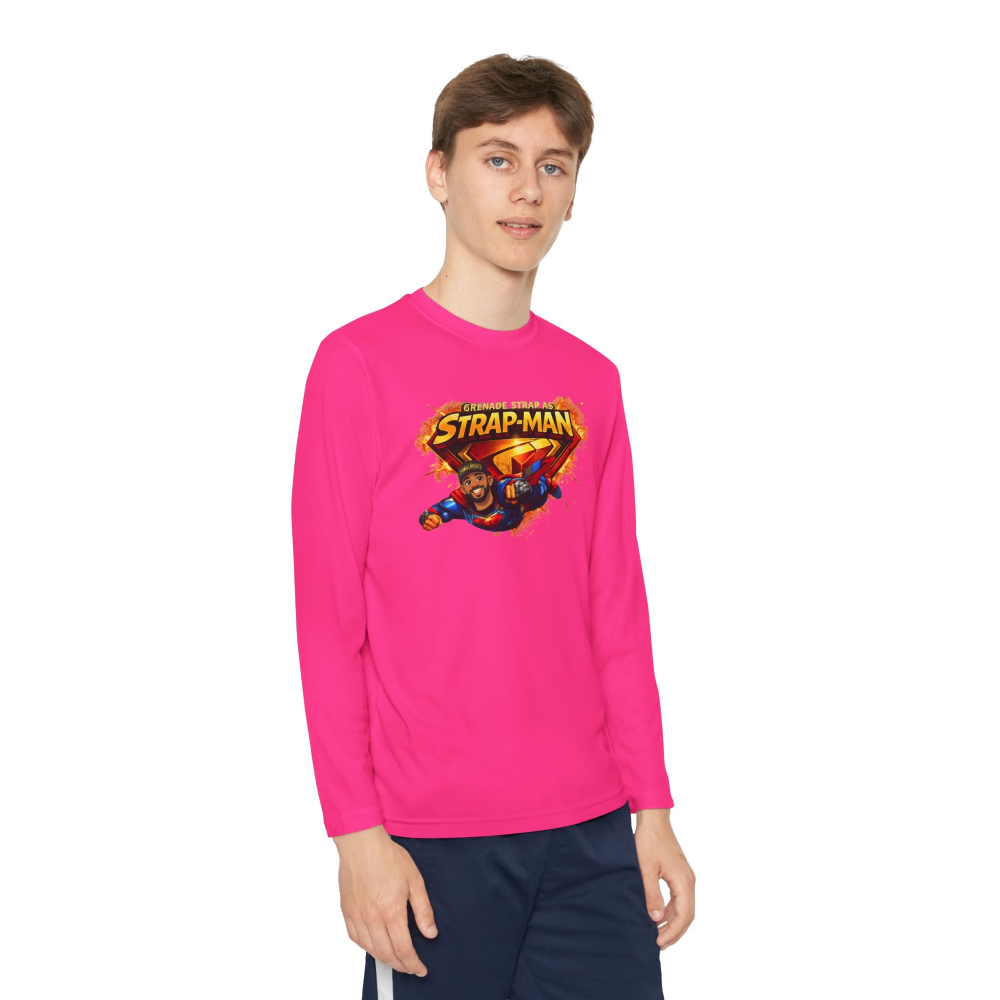 Strap-Man Youth Long Sleeve Tee — Superhero Shield Graphic