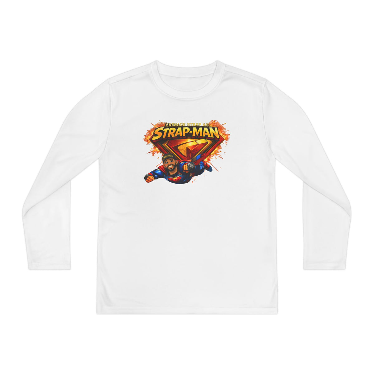 Strap-Man Youth Long Sleeve Tee — Superhero Shield Graphic