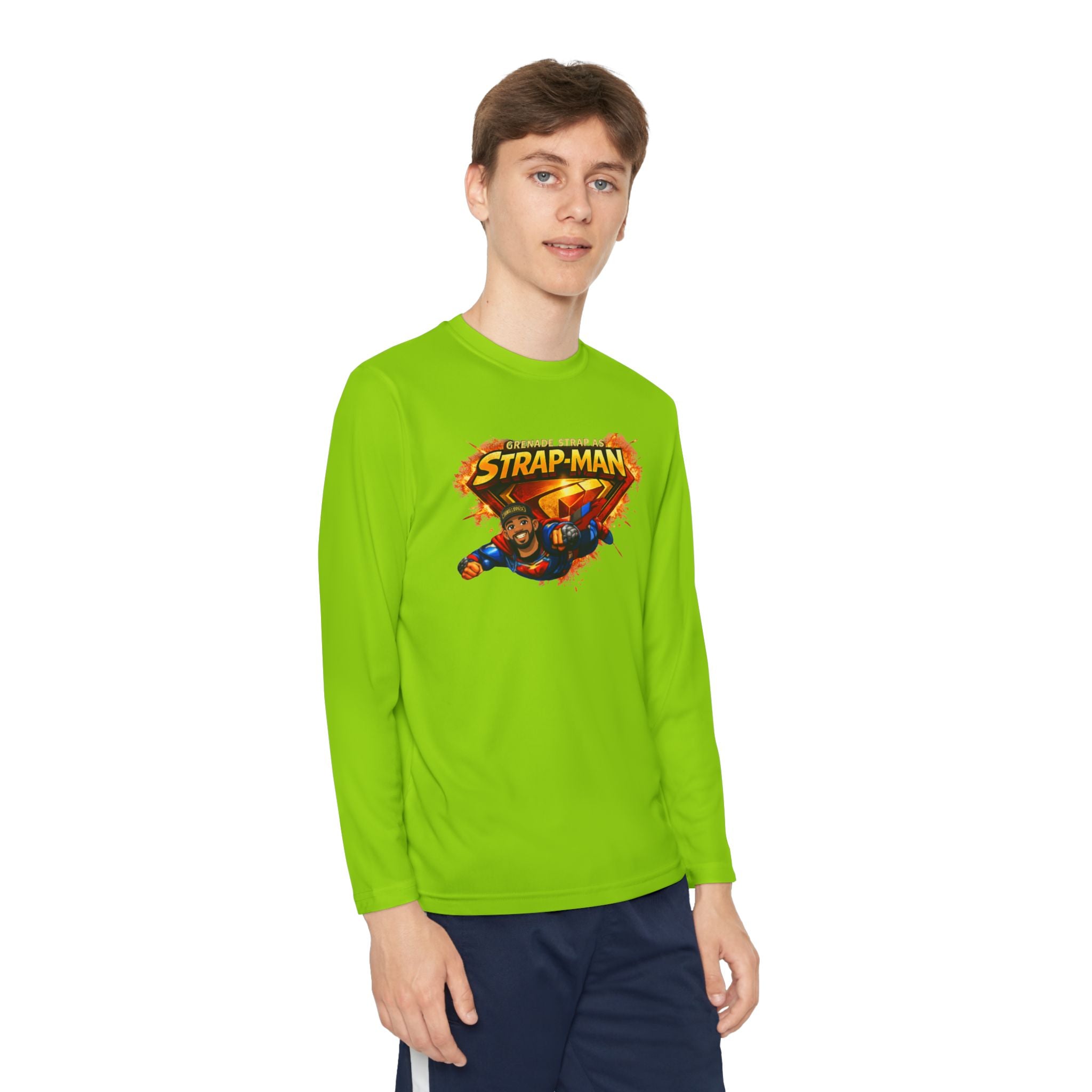 Strap-Man Youth Long Sleeve Tee — Superhero Shield Graphic