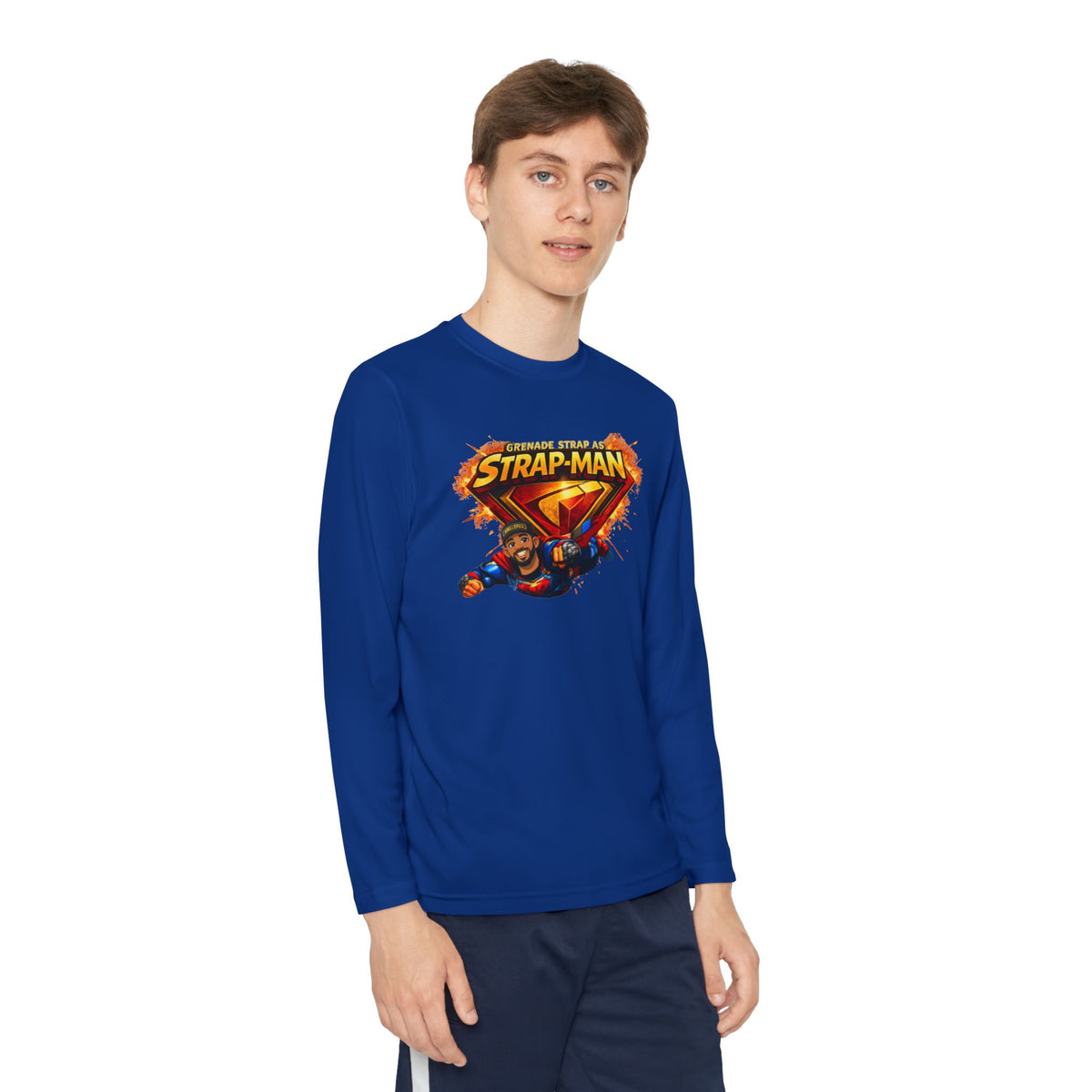 Strap-Man Youth Long Sleeve Tee — Superhero Shield Graphic