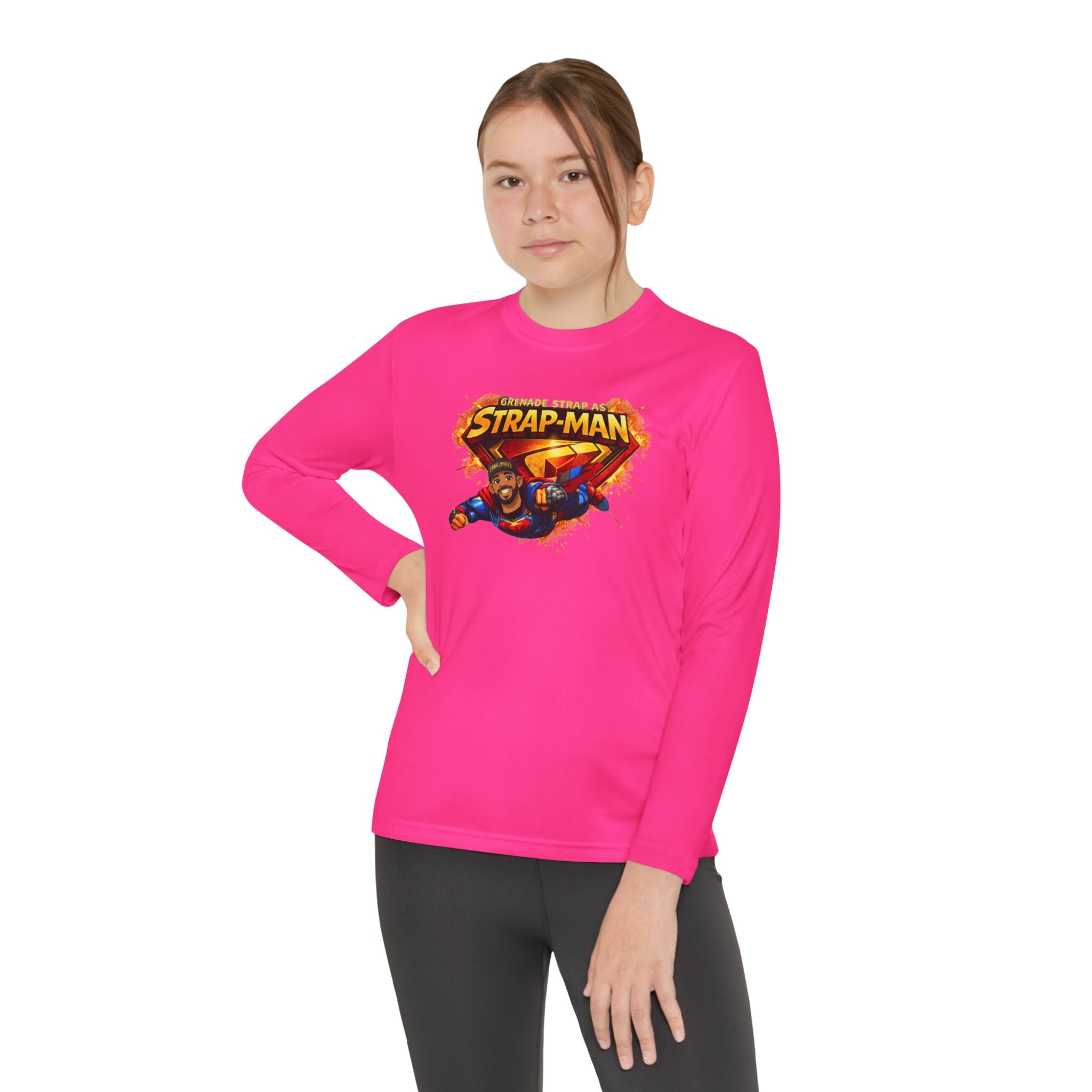 Strap-Man Youth Long Sleeve Tee — Superhero Shield Graphic