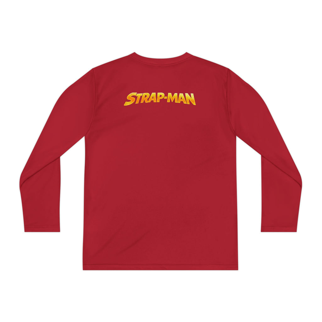 Strap-Man Youth Long Sleeve Tee — Superhero Shield Graphic