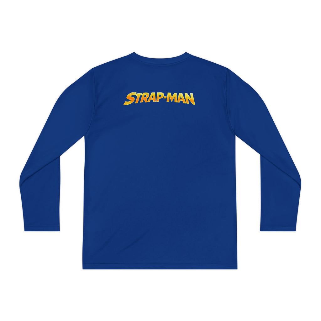 Strap-Man Youth Long Sleeve Tee — Superhero Shield Graphic