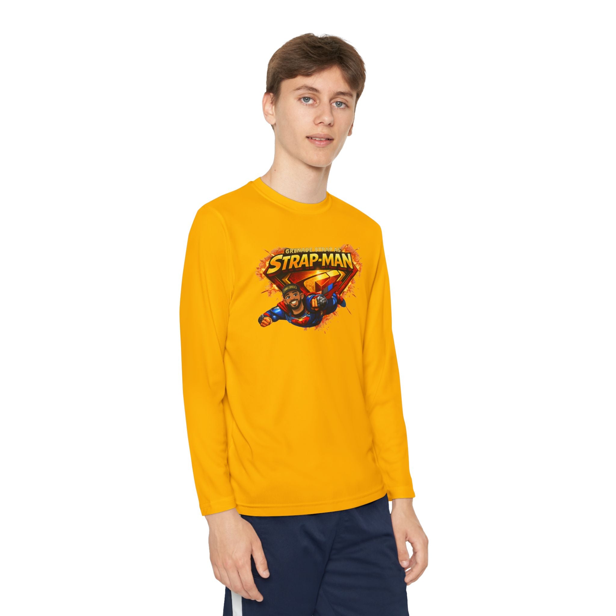 Strap-Man Youth Long Sleeve Tee — Superhero Shield Graphic