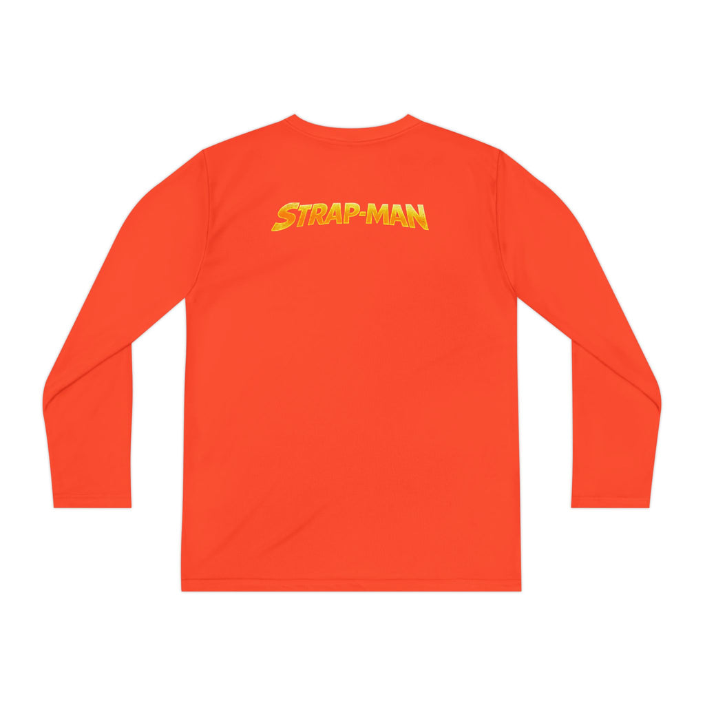 Strap-Man Youth Long Sleeve Tee — Superhero Shield Graphic