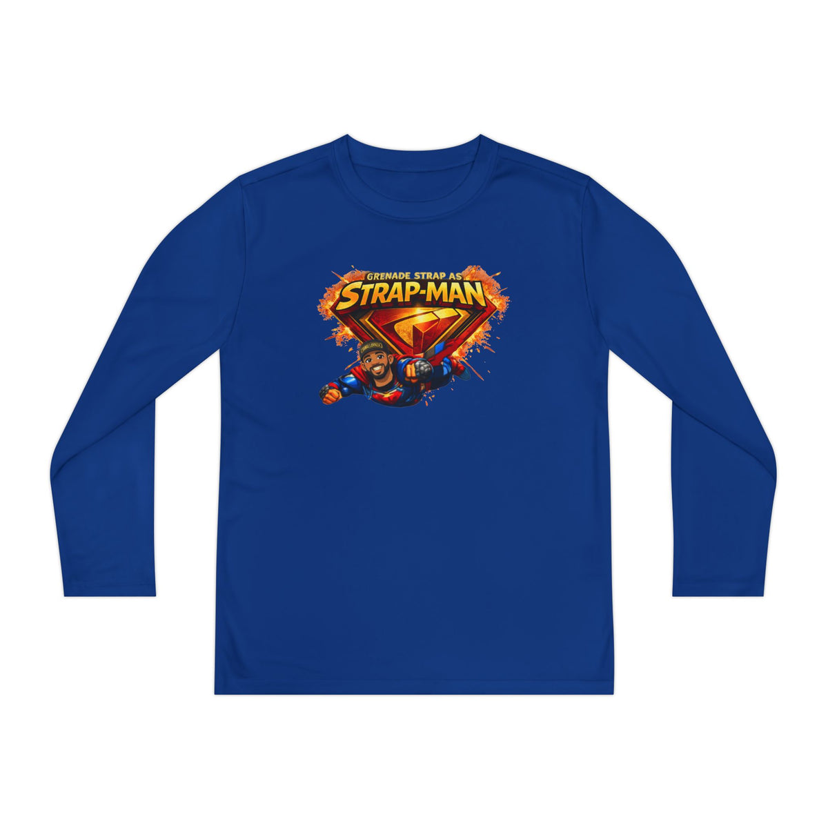 Strap-Man Youth Long Sleeve Tee — Superhero Shield Graphic