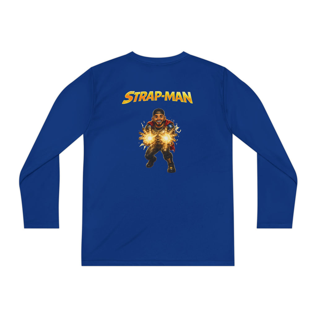Strap-Man Youth Long Sleeve Tee — Superhero Shield Graphic