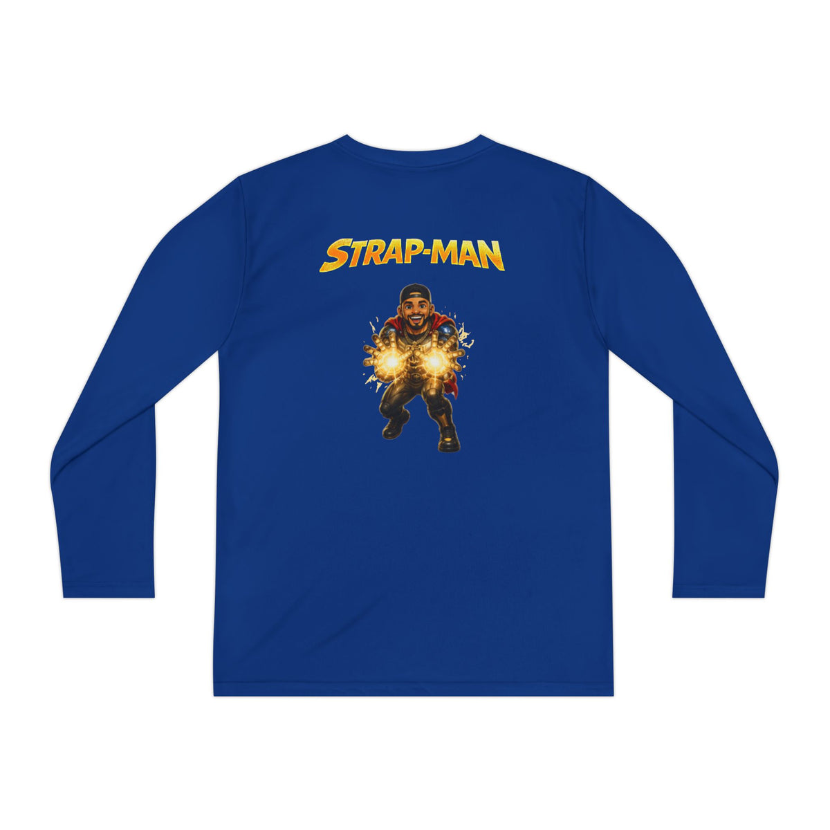 Strap-Man Youth Long Sleeve Tee — Superhero Shield Graphic