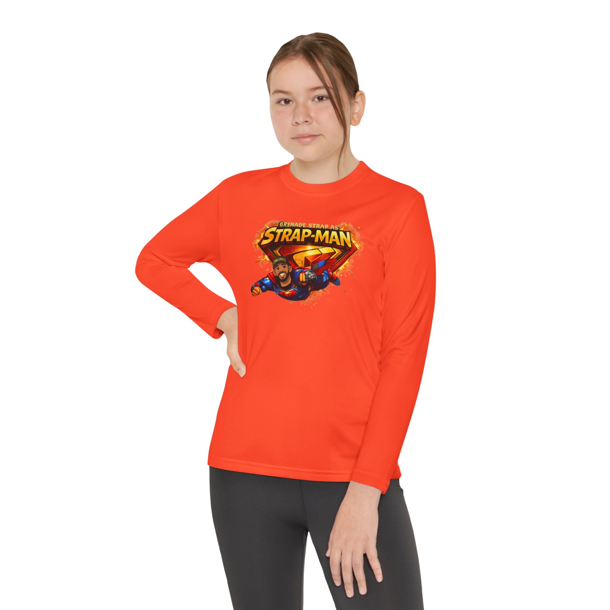 Strap-Man Youth Long Sleeve Tee — Superhero Shield Graphic