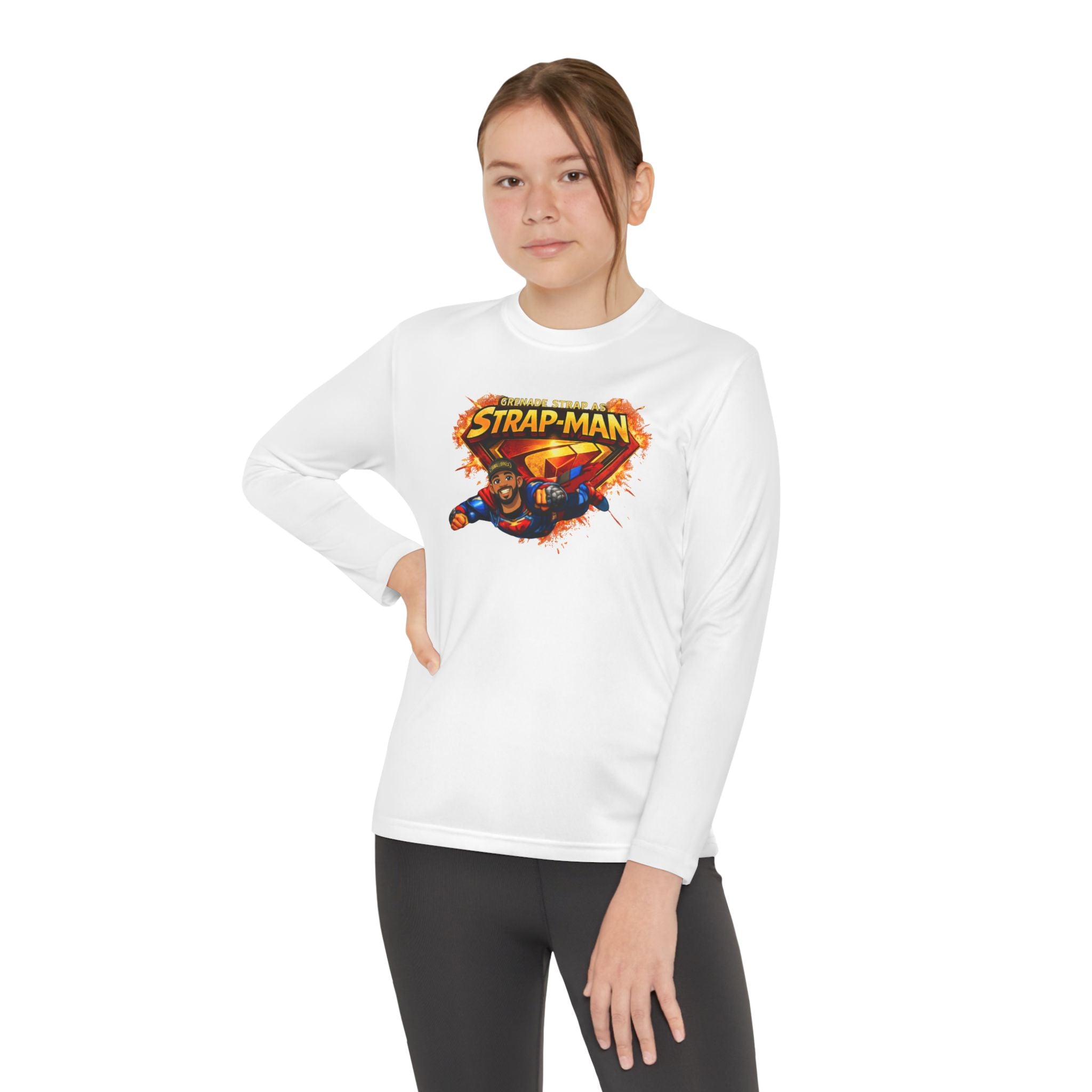 Strap-Man Youth Long Sleeve Tee — Superhero Shield Graphic