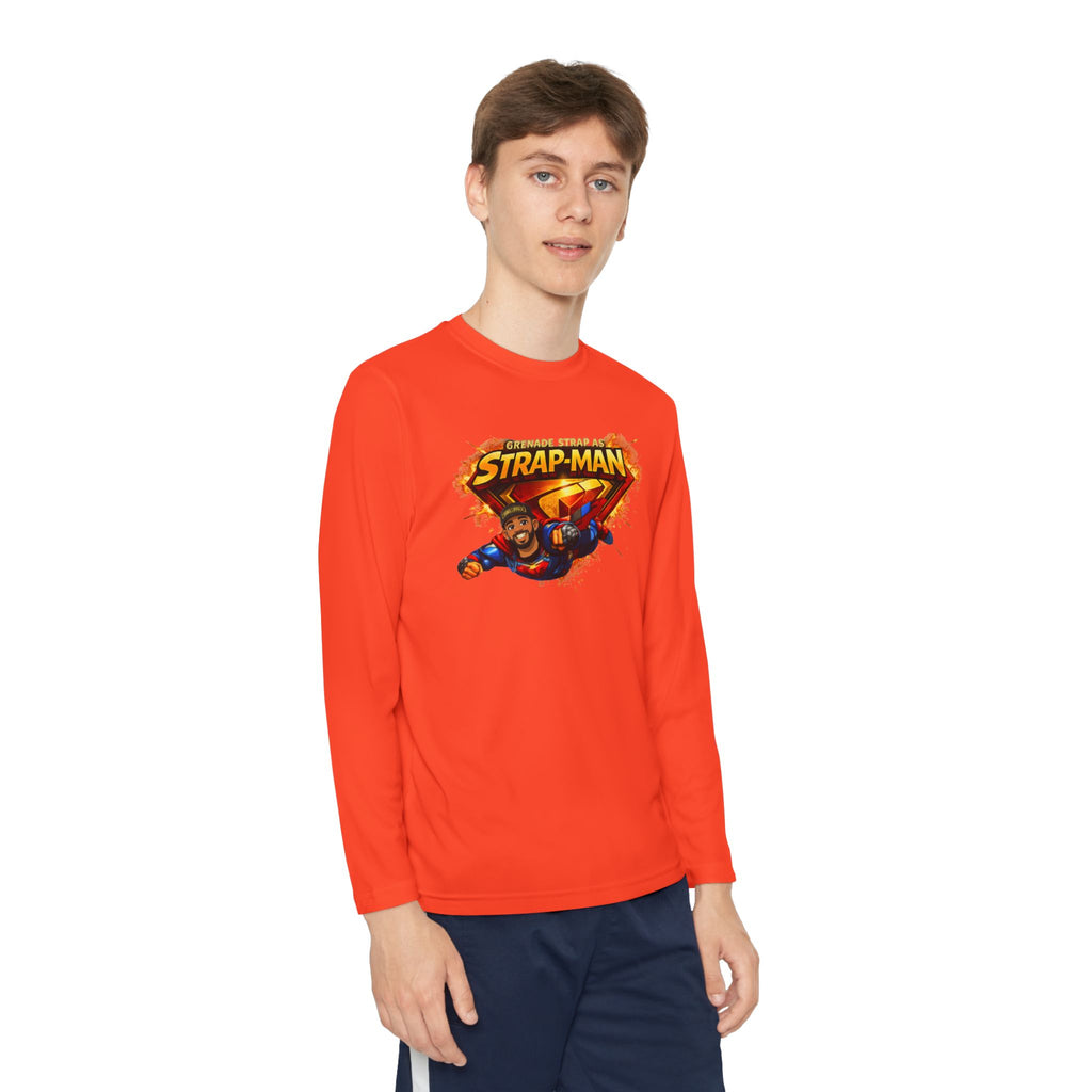 Strap-Man Youth Long Sleeve Tee — Superhero Shield Graphic