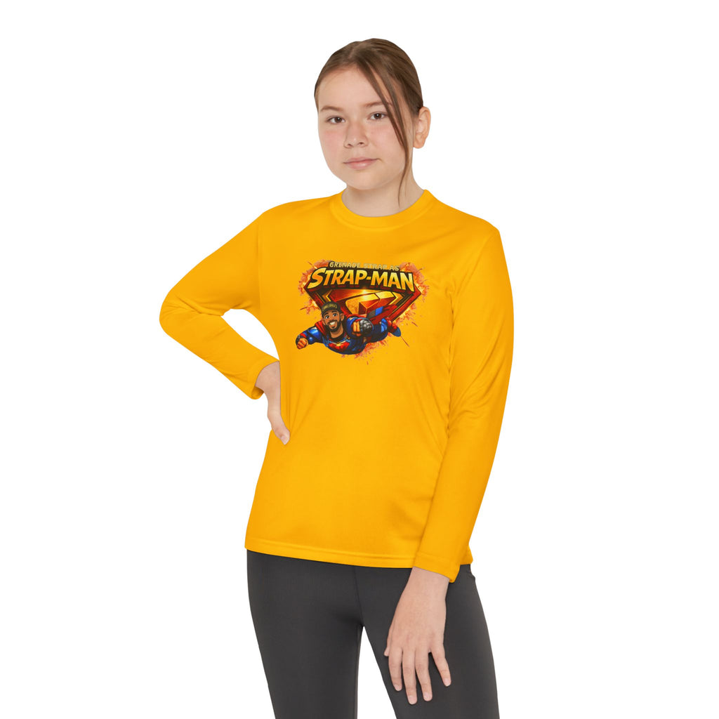 Strap-Man Youth Long Sleeve Tee — Superhero Shield Graphic