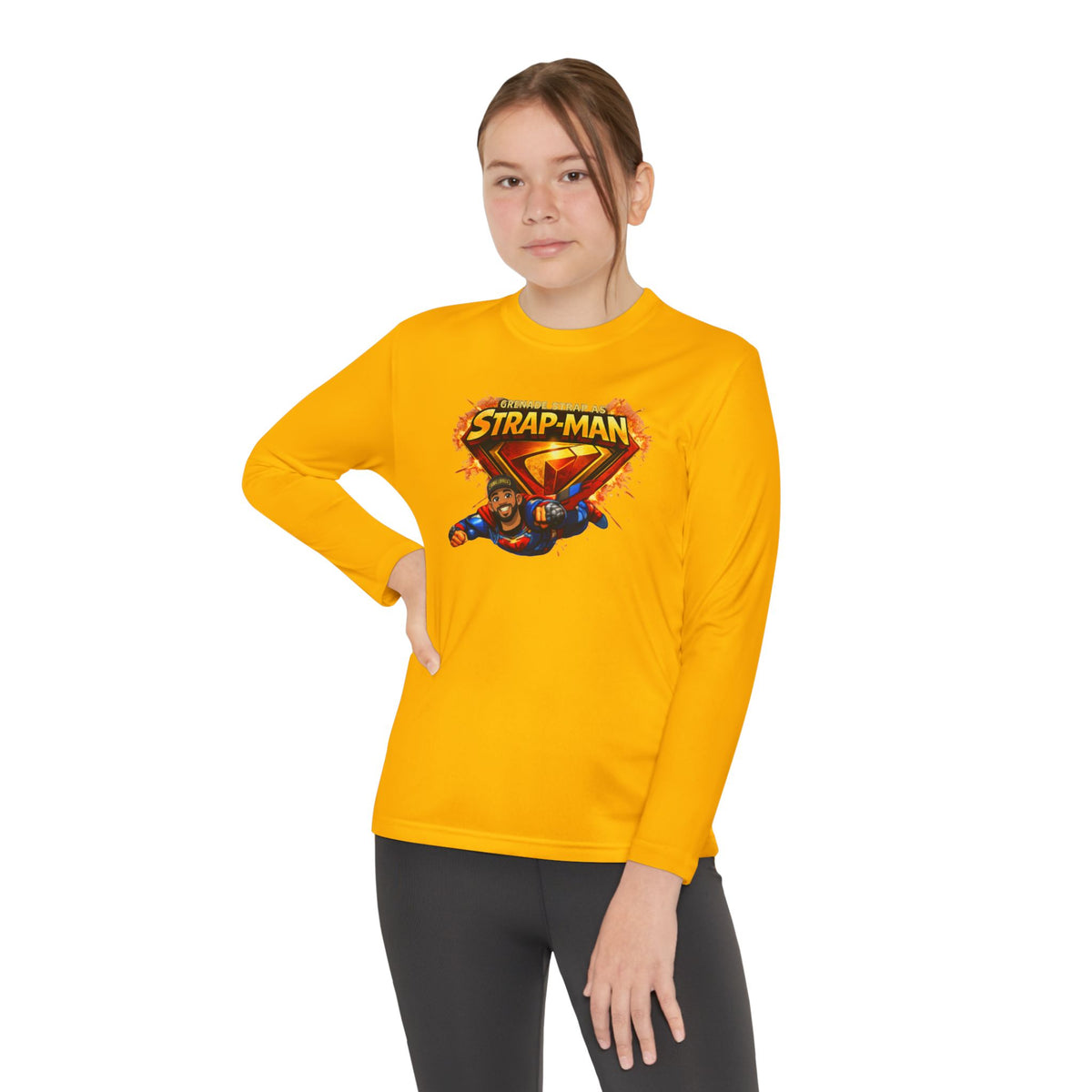 Strap-Man Youth Long Sleeve Tee — Superhero Shield Graphic