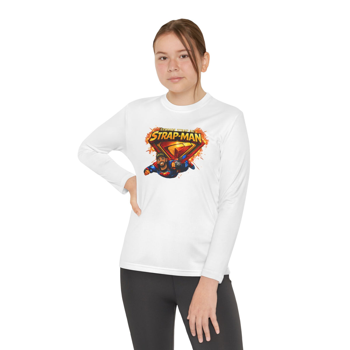 Strap-Man Youth Long Sleeve Tee — Superhero Shield Graphic