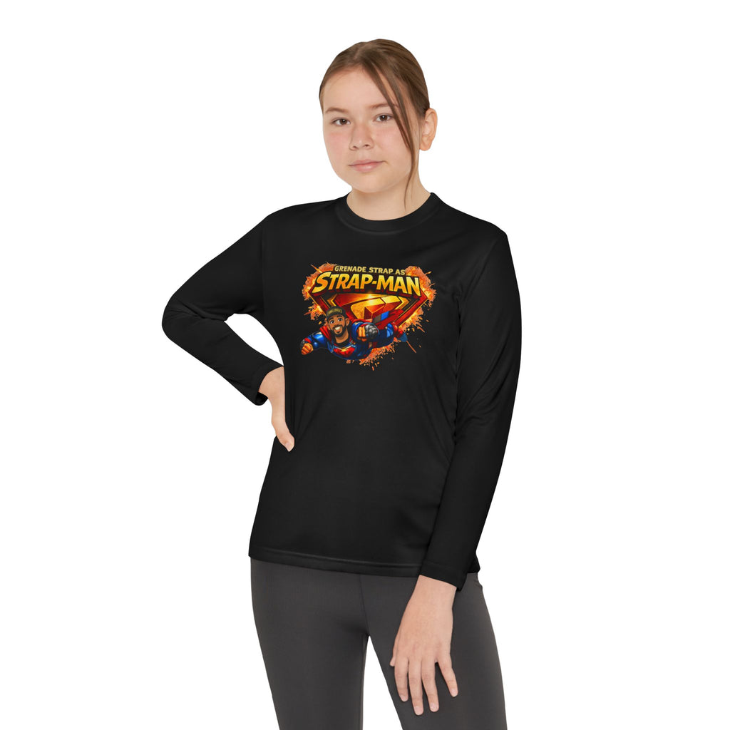 Strap-Man Youth Long Sleeve Tee — Superhero Shield Graphic