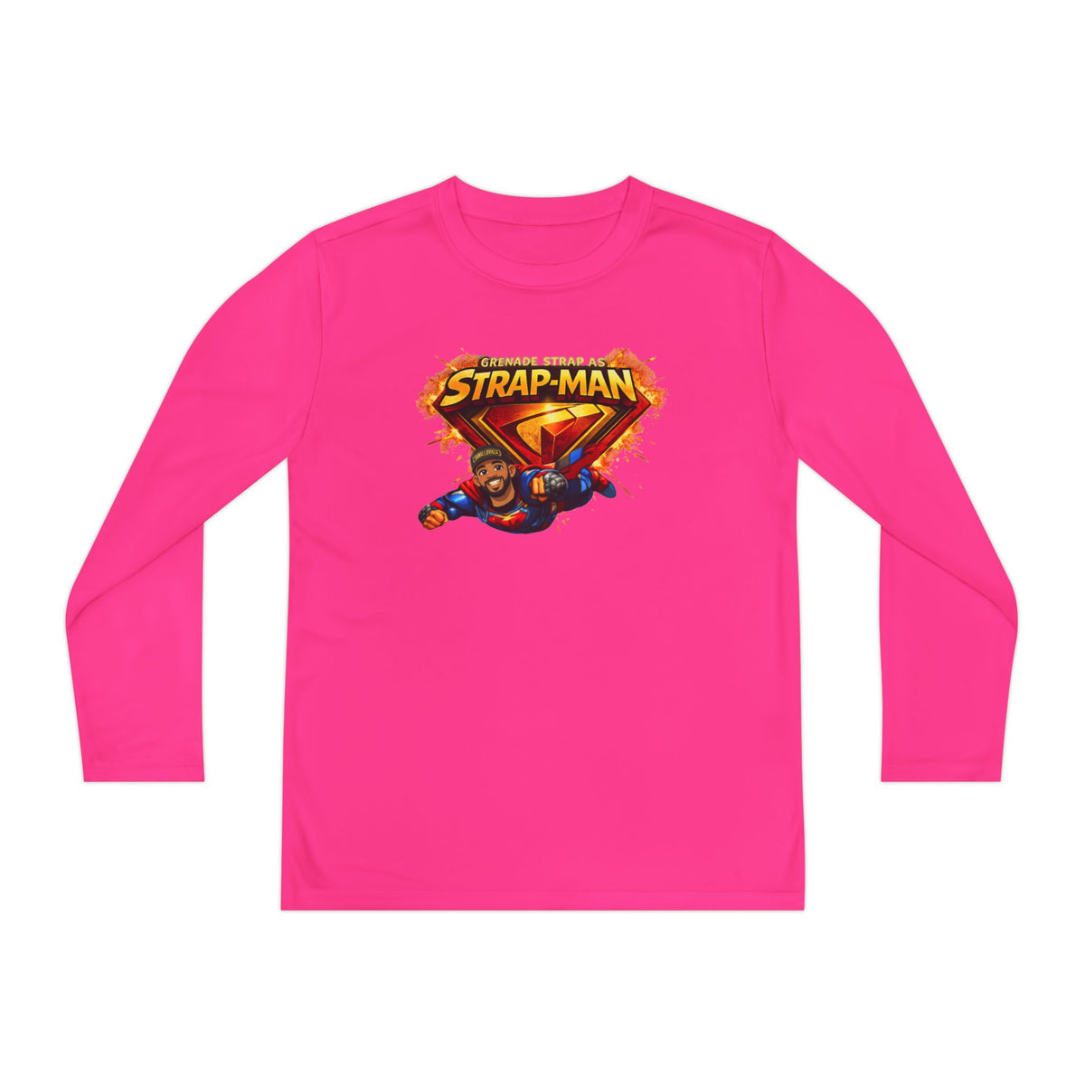 Strap-Man Youth Long Sleeve Tee — Superhero Shield Graphic