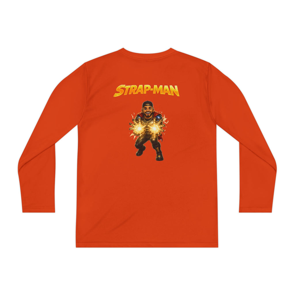 Strap-Man Youth Long Sleeve Tee — Superhero Shield Graphic