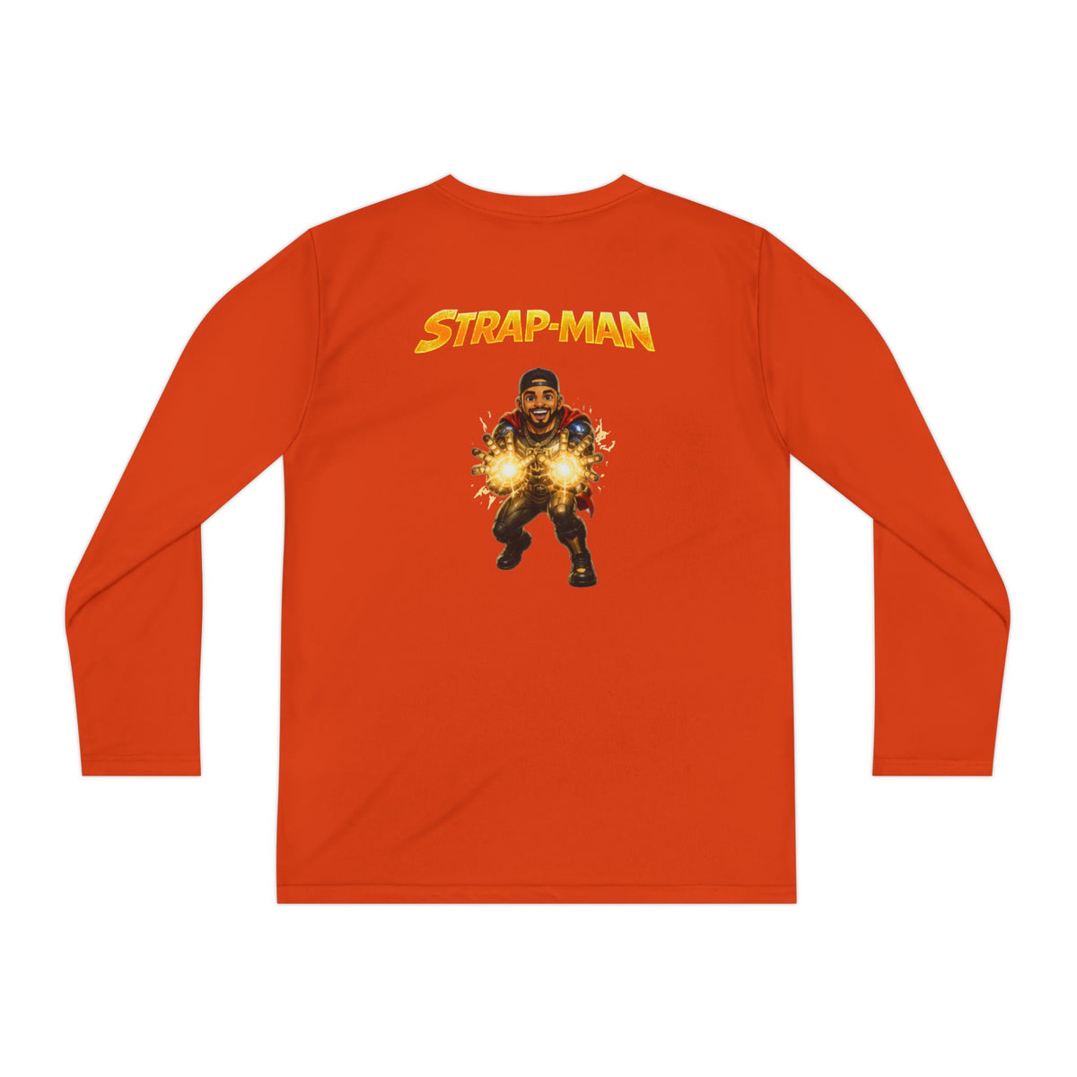 Strap-Man Youth Long Sleeve Tee — Superhero Shield Graphic