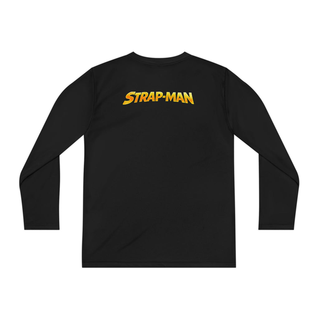 Strap-Man Youth Long Sleeve Tee — Superhero Shield Graphic