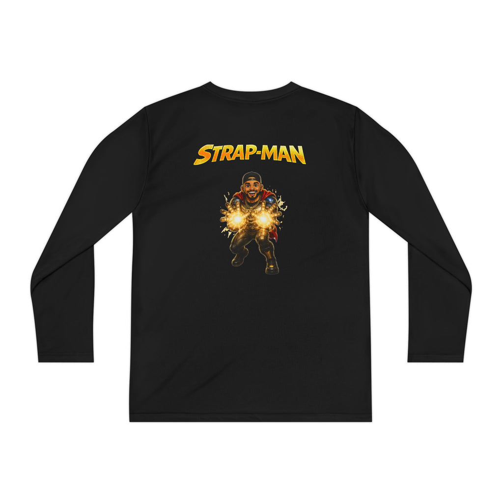 Strap-Man Youth Long Sleeve Tee — Superhero Shield Graphic
