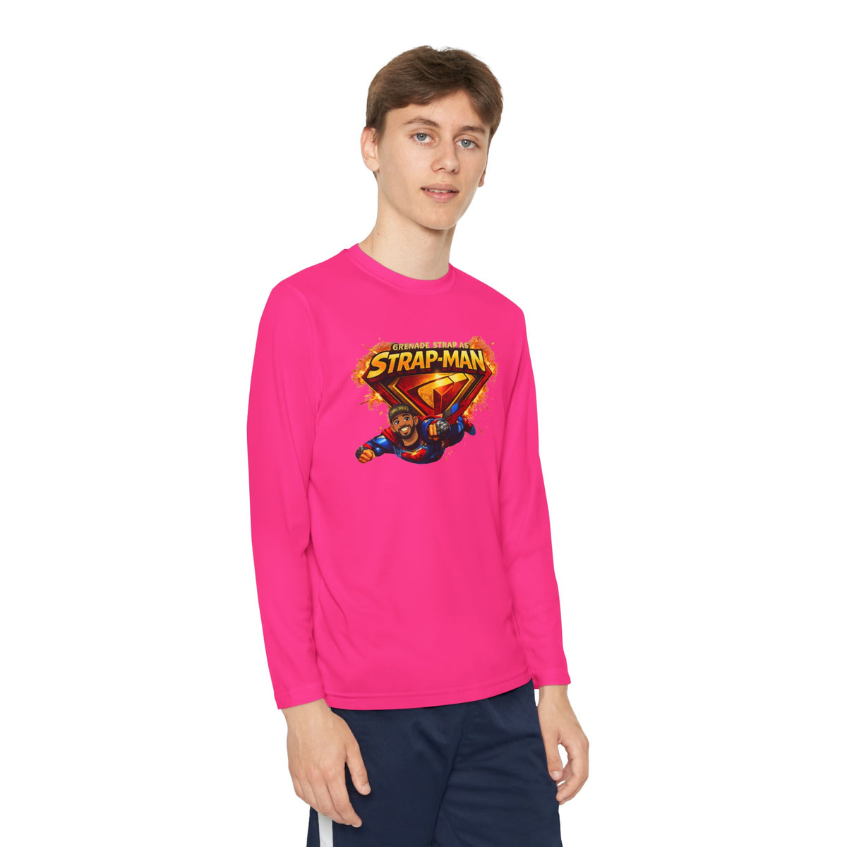 Strap-Man Youth Long Sleeve Tee — Superhero Shield Graphic