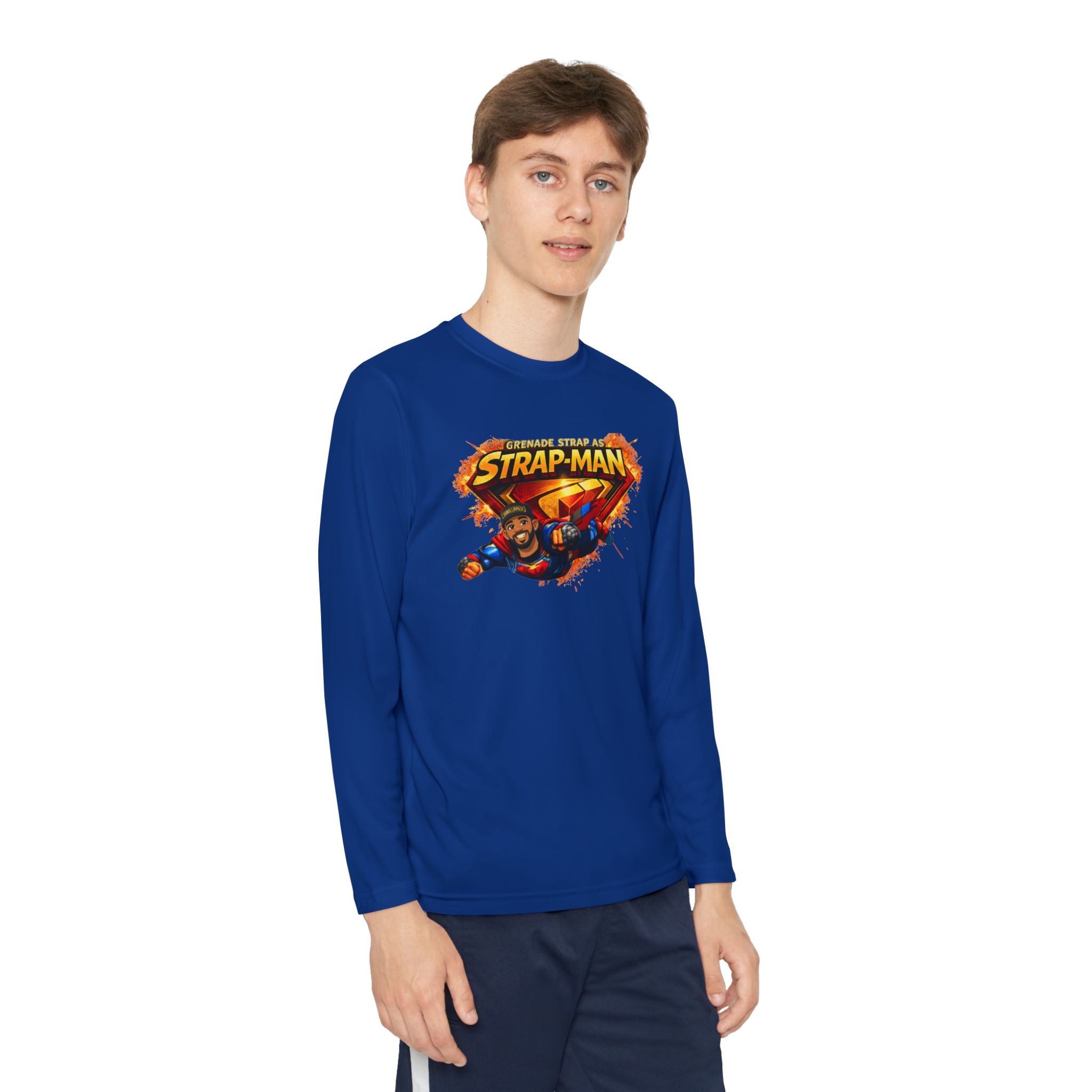 Strap-Man Youth Long Sleeve Tee — Superhero Shield Graphic