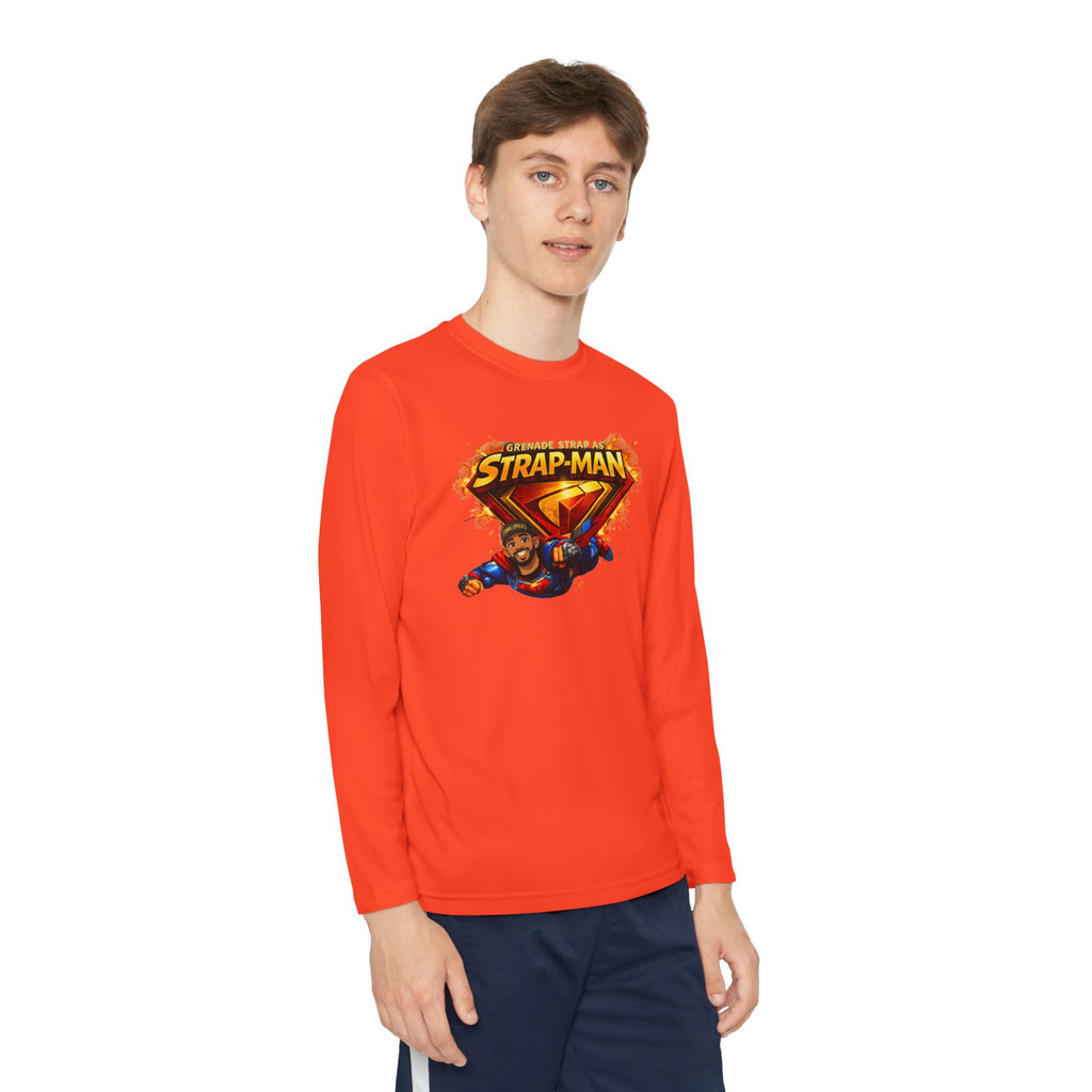 Strap-Man Youth Long Sleeve Tee — Superhero Shield Graphic