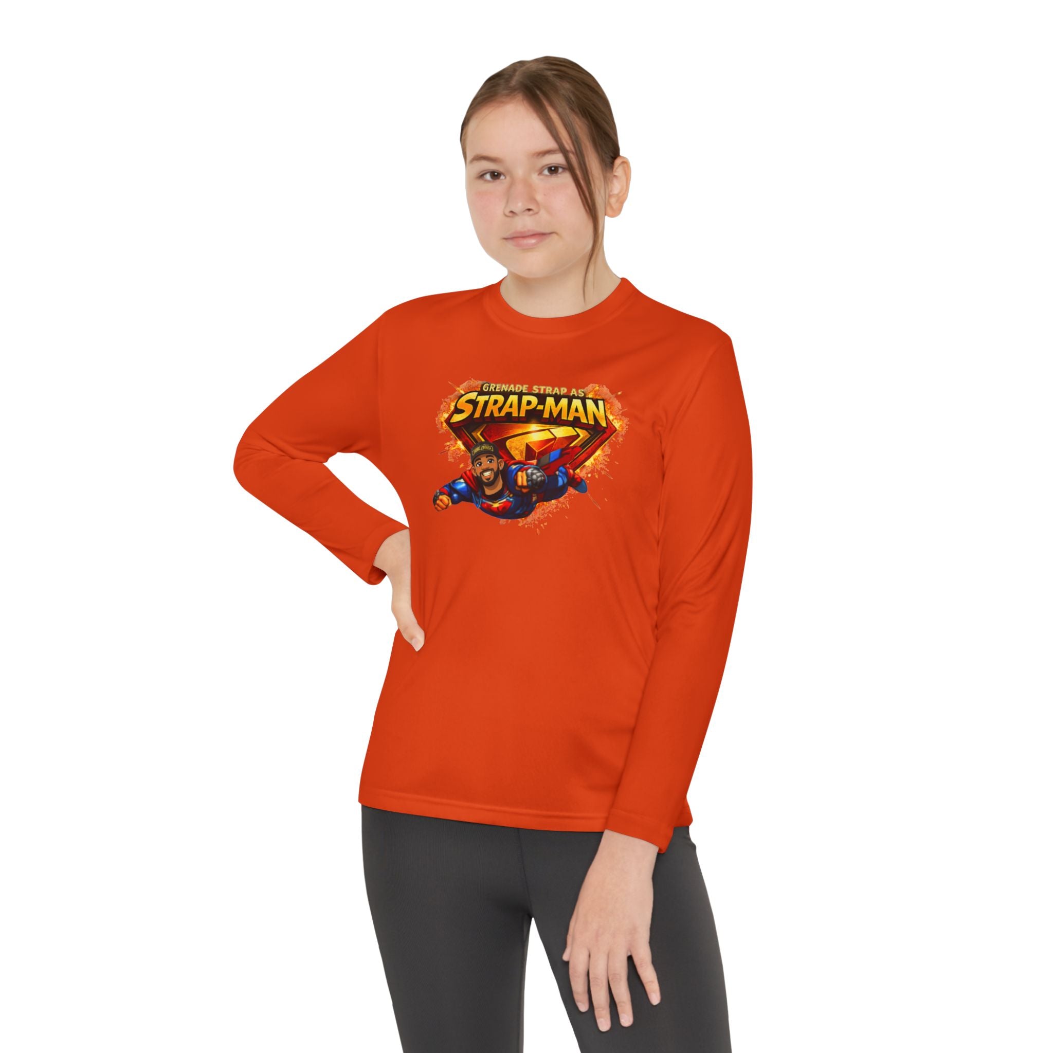 Strap-Man Youth Long Sleeve Tee — Superhero Shield Graphic