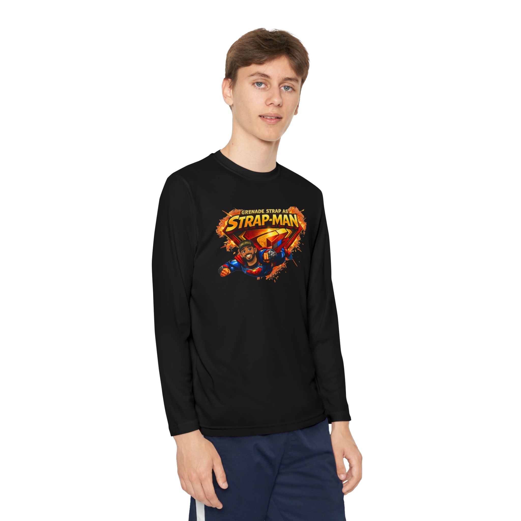Strap-Man Youth Long Sleeve Tee — Superhero Shield Graphic