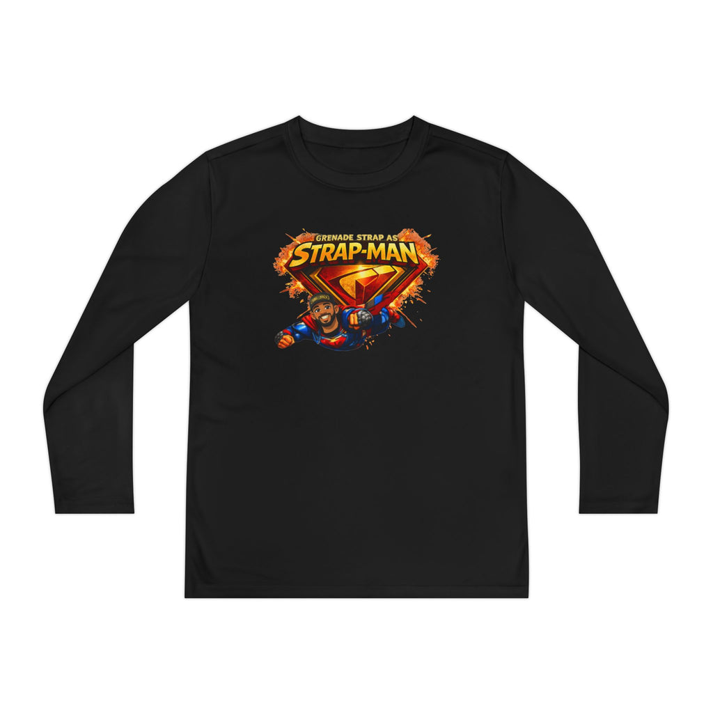 Strap-Man Youth Long Sleeve Tee — Superhero Shield Graphic