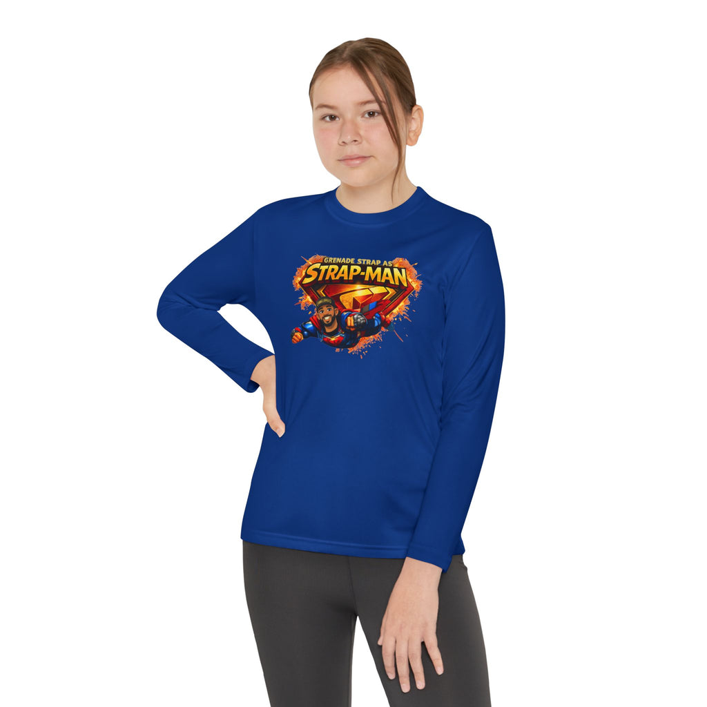 Strap-Man Youth Long Sleeve Tee — Superhero Shield Graphic