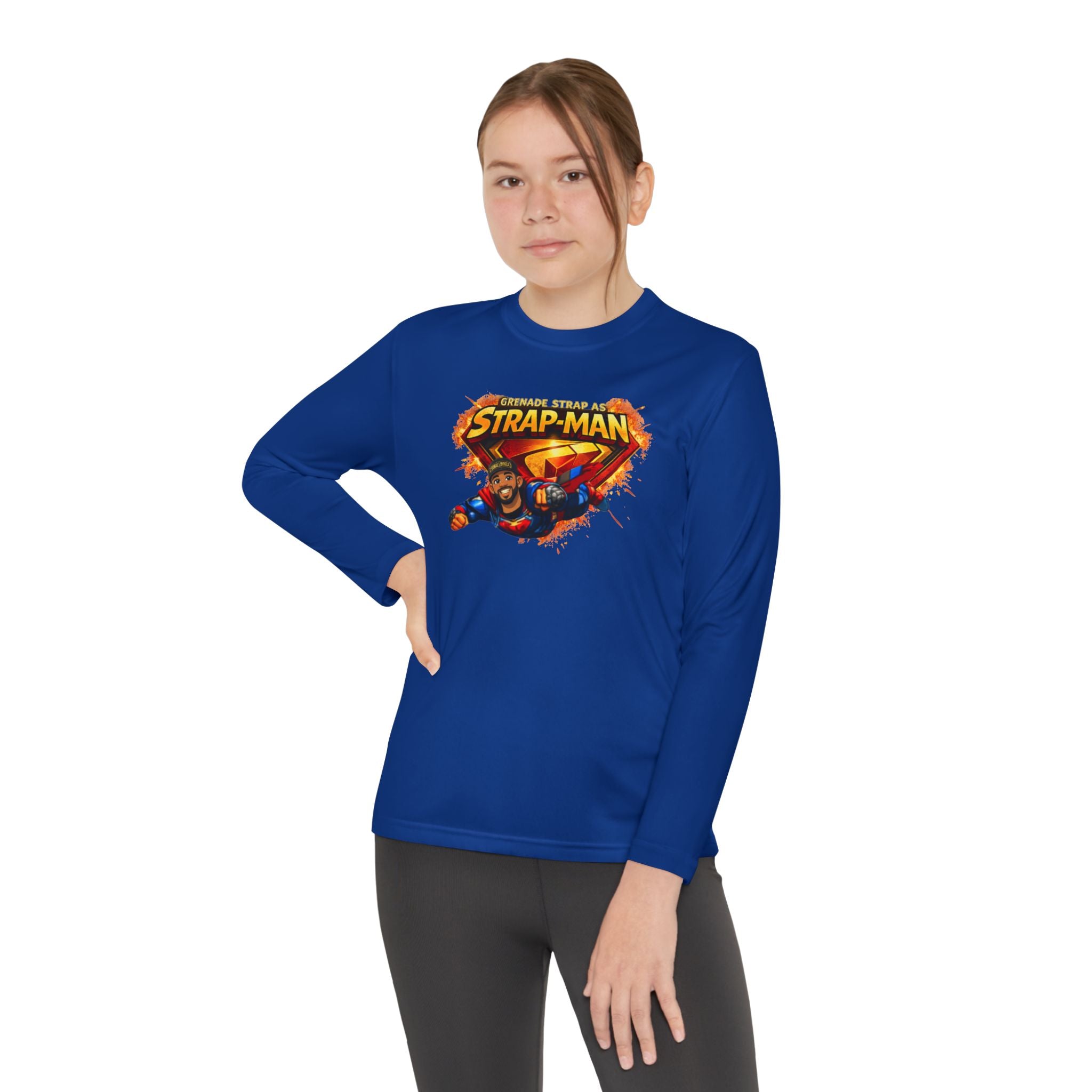 Strap-Man Youth Long Sleeve Tee — Superhero Shield Graphic