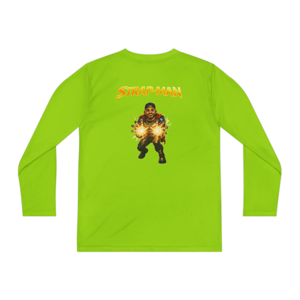 Strap-Man Youth Long Sleeve Tee — Superhero Shield Graphic