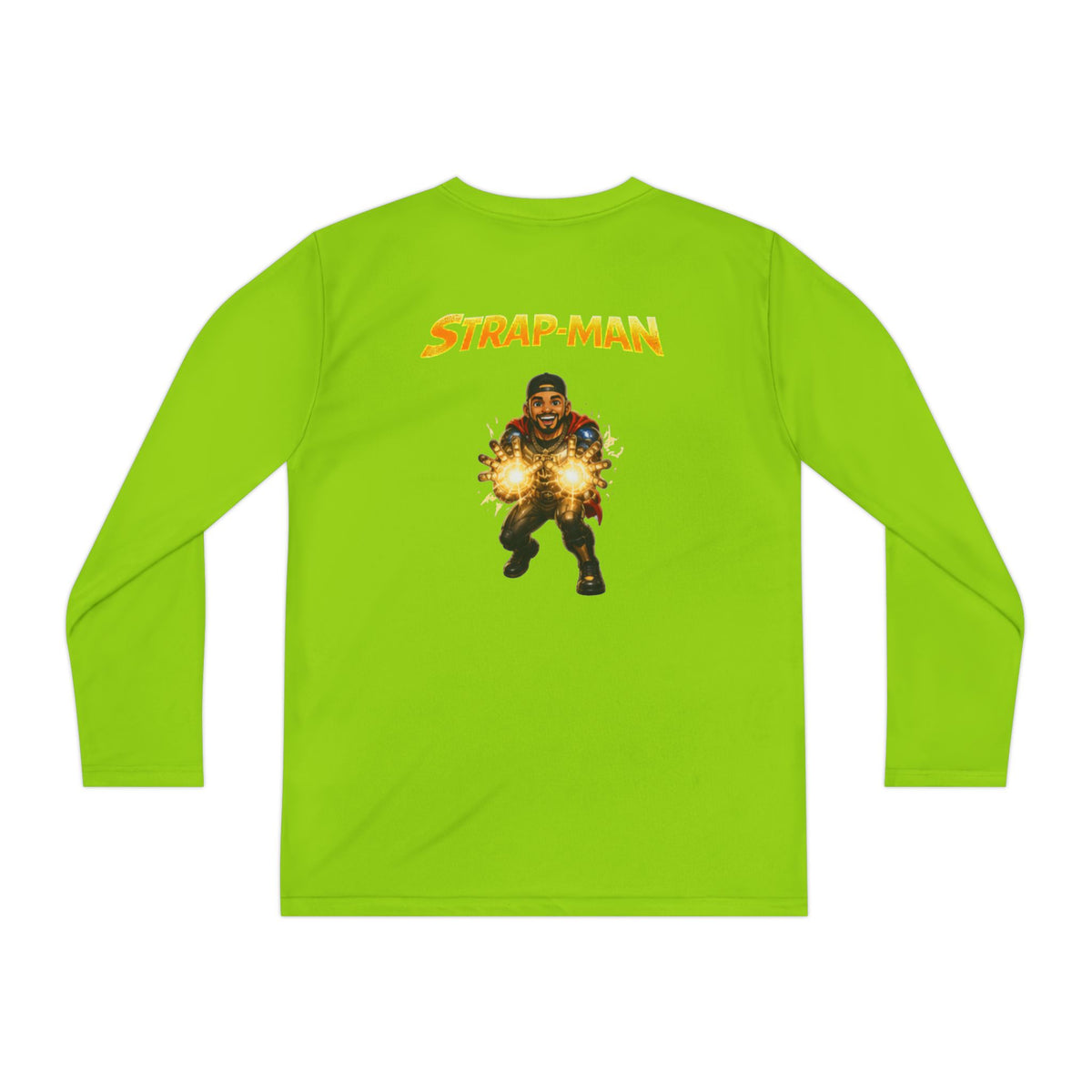 Strap-Man Youth Long Sleeve Tee — Superhero Shield Graphic