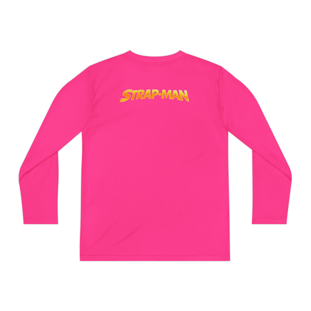 Strap-Man Youth Long Sleeve Tee — Superhero Shield Graphic