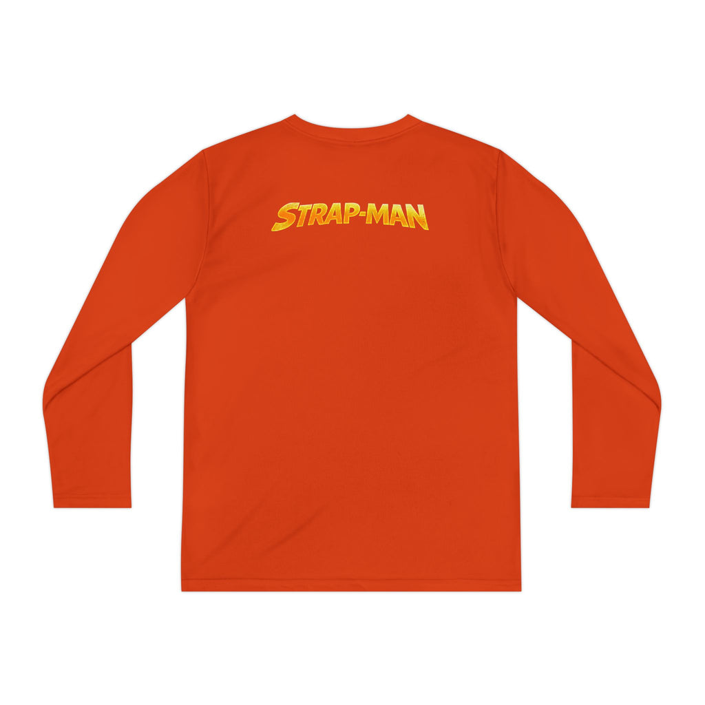 Strap-Man Youth Long Sleeve Tee — Superhero Shield Graphic